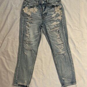 Women's Distressed Blue Jeans with Floral Embroidery